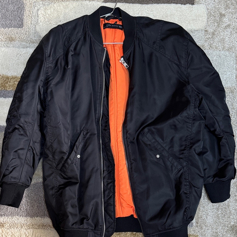 Zara Black oversized Bomber Jacket with Vibrant Orange Lining